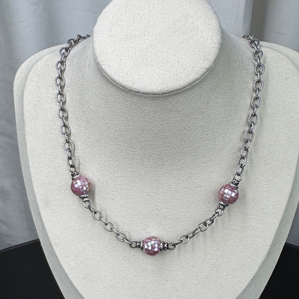 925 Sterling Silver Vintage RE Pink MOP Bead Station Rolo Chain Necklace 16”